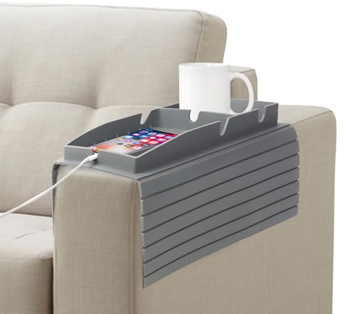 Hrvega Couch Arm Rest Trays, 1PC Grey Sofa Armrest Tray with Cup Holder, Silicone Couch Arm Tray Table with Non Spill Cup Holder for TV Remote Control, Phone, Glasses, Coffee, Snacks (Grey)