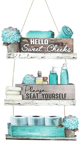 Dazzlewall 3Pcs Farmhouse Rustic Bathroom Hanging Sign,Turquoise Bath Products & Hydrangea Wooden Wall Plaque for Bathroom Toilet Decor New Home Gifts House Warming Gifts 39x26 cm