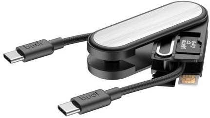 BUDI USB-C to USB-C Cable with Keychain Organizer, Retractable Dual Type-C Charging Cable, Portable Card Storage