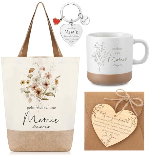 Geiserailie Coffret Cadeau Mamie, Sac en Toile de Jute, Porte-Clé, Tasse pour Mamie, Enveloppe, Pièce en Bois en Forme de Cœur Corde de Chanvre Cadeau Fête des Mères pour Anniversaire
