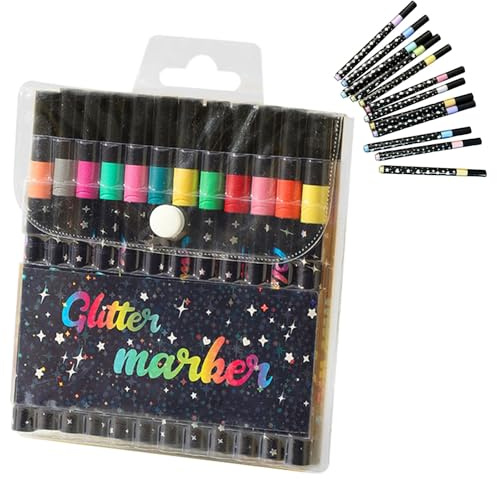 SINJAETRQ 12 Colors Glitter Acrylic Markers, Metallic Pearlescent Paint Pens for Journaling, Scrapbooking, DIY Cards, Glass & Windows, Ready-to-Use Shimmer Graffiti Pens for Kids, Teachers & Artists