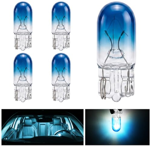 BIHEE Lámpara de posición azul, 5 unidades, T10, halógena, W5W, 12 V, 5 W, 4300 K, para iluminación interior, luz de estacionamiento, luz de matrícula, iluminación de puerta, maletero, luz de lectura