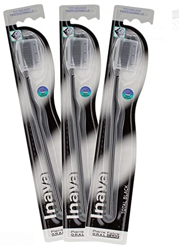 Inava Spazzolino da denti INAVA TOTAL BLACK con fili impregnati di carbone vegetale, set di 3 spazzole (3C)