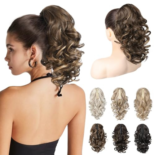 REECHO 12 Ponytail Extension, Classic Loose Curly Wavy Claw Clip Pony tails Hair Extensions Hairpieces for Women - Chocolate Brown with Highlights