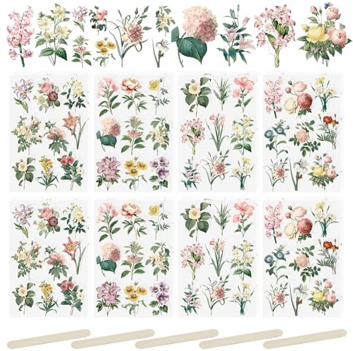 WANDIC 16 Sheets Rub On Transfer Stickers Minimalist Retro Flower Decals Waterproof Stickers Furniture Craft Decals for DIY Scrapbooking