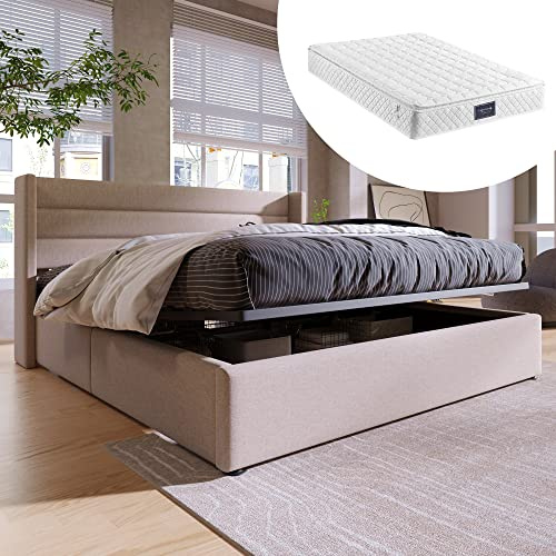 Zravenna Polsterbett 140x200 mit Matratze und Bettkasten, Doppelbett Bettgestell mit Lattenrost, Stauraumbett Metallbett, Leinen, Beige (Beige, 140x200cm-mit Matratze)