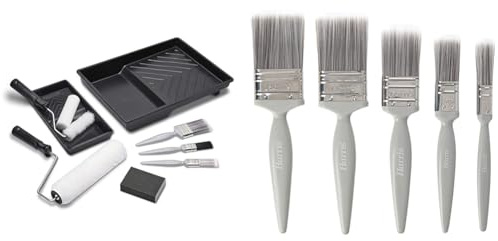 Harris Walls & Ceilings Essentials Decorating Set | 11 Pieces | 1 x 9 Roller Sleeve & Essentials Walls & Ceilings Paint Brush Set | Pack of 5 | 0.5, 1, 1.5, 2, Grey