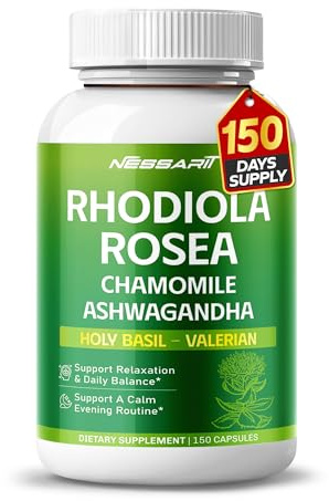 RHODIOLA ROSEA Supplement- 11-in-1 Natural Blend with Chamomile L-Theanine Ashwagandha Holy Basil Valerian Passionflower - 150 Count