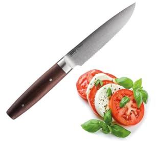 GEFU Cuchillo universal ENNO 11,5 cm | filo ondulado, hoja Solinger de acero alemán | Para frutas, verduras, pan, mango de madera de nogal, lijado a mano, duradero