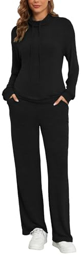 Famulily Cowl Neck Womens Tracksuit Sets Drawstring Long Sleeve Pullover Top and Elastic Waist Wide Leg Pants with Pockets Black S