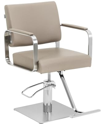 Physa Frisörstol med fotstöd beige/silver 50–66 cm, höjdjusterbar 360° roterbar, konstruktion av rostfritt stål med stor bas, barberstol, frisörfåtölj