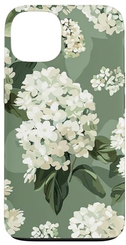 White Hydrangeas Flower on Sage Green Case for iPhone 13