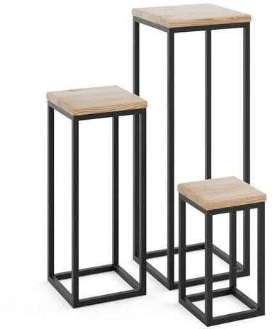 LAMO Manufaktur Pflanzenständer Set - 3 Stücke 30/50/70 cm | Blumenständer Metall Schwarz | Blumenhocker Holz mit Natur Farbe | 100% Echtholz | Sockel für Zimmerpflanzen