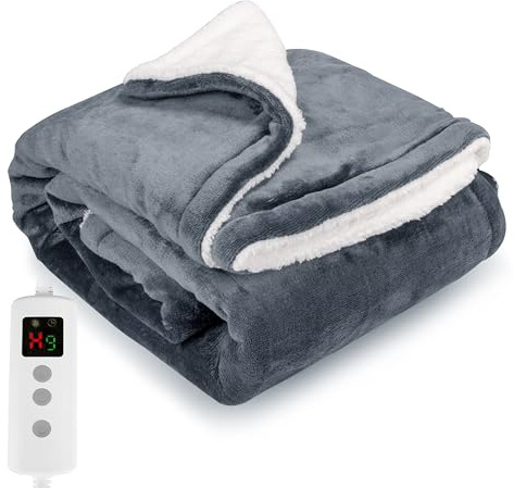 PROALLER Couverture Chauffante 160x130 CM, Double Flanelle Polaire Sherpa Lavable en Machine, Minuterie 9h et 10 Réglages de Chaleur, Couverture Chauffante 2 Places pour Canapé-Lit De Bureau
