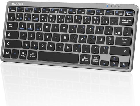TECKNET Clavier sans Fil Bluetooth pour 3 Appareils (BT5.1/5.1+2.4GHz), France AZERTY Mini Clavier Rechargeable, 18 Raccourcis Multimédias, Clavier Silencieux pour iPad, Windows, iOS, Android