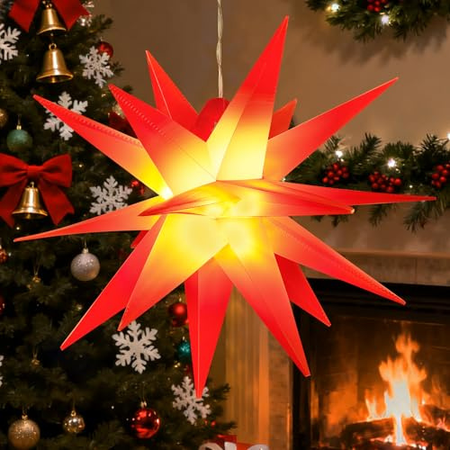 3D Weihnachtsstern Beleuchtet, 30 cm Weihnachtssterne LED, Faltbarer Weihnachtsstern Beleuchteter, Sterne mit Warmweißes LED-Licht, Weihnachtssterne für Fenster Dekoration, Party (Rot)