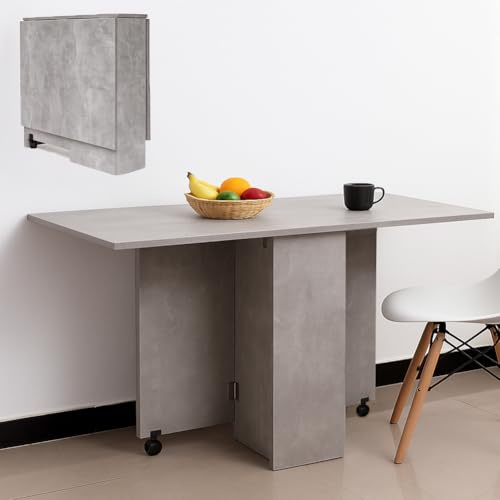 BAKAJI Tavolo da Pranzo Salvaspazio Cemento, Scrivania Pieghevole Richiudibile Allungabile con Libreria 2 Scomparti Ripiani a Scomparsa e Ruote, Design Multiuso Moderno 140 x 75 x 74 cm