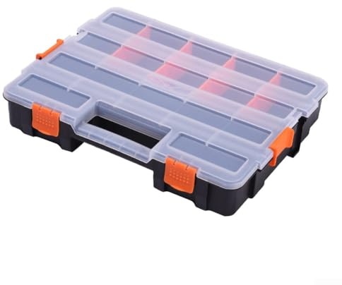Bulevisiter Organizador de almacenamiento con compartimento ajustable para tornillos y caja de herramientas, material de polipropileno resistente con diseño negro, transparente y naranja, 375 x 290 x