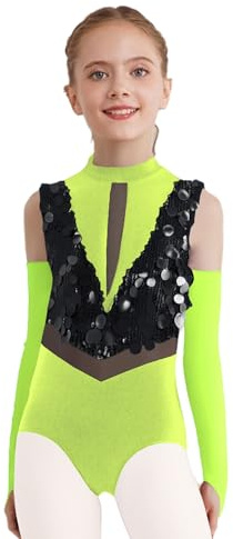 Alvivi Traje de Baile con Lentejuelas Brillantes Niña Maillot con Mangas Desmontables