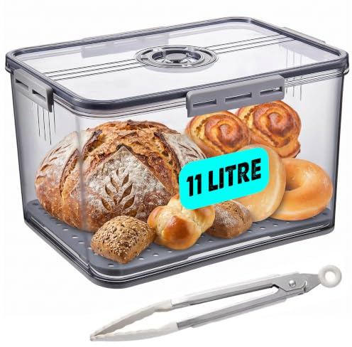 XMATAG Bread Bins for Kitchen Counter - Large Airtight Bread Storage Container with Time Recording Lid and Tong, Corner Box for Homemade Bread, Toast, Bagel, Donut and Cookies (White Gray)