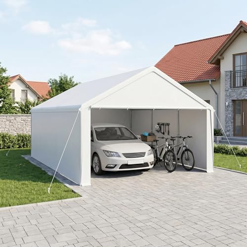 Aufun Tenda da garage per carport, 4 x 6 m, impermeabile, con telone in polietilene, con pareti laterali rimovibili, resistente ai raggi UV, riparo invernale per auto, SUV, camion, barca, bianco