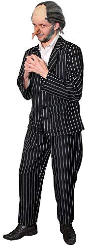 Adults Evil Orphan Catcher Costume Pinstripe Button Up Jacket With Matching Trousers, Bald Cap With Attached Grey Hair and Long Fake Nose (5
