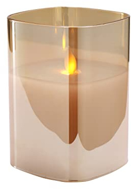 Hochwertige & Eckige LED Kerze im Glas Windlicht - Flammenlose & Flackernde Echtwachskerze (Gold, Höhe:12,50cm)