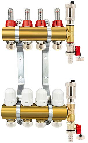 Millto™ Messing Heizkreisverteiler Fußbodenheizung 4 Heizkreise 16x3/4 PEX Rohr Adapter | Verteiler Entlüftungsset Automatische Entlüftung Flowmeter Thermostatventil Eurokonus