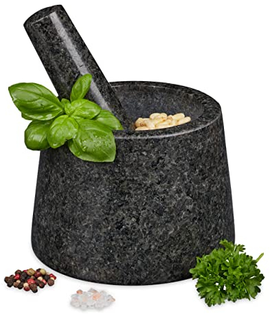 Relaxdays Mortier et pilon, en granit, poli, longue vie, pour épices et herbes, broyeur en pierre D 13,5 cm gris foncé