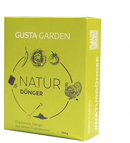 GUSTA GARDEN Naturdünger - 6 Monate Langzeitwirkung - Wasserspeichernd - Granulat aus 100% reinem Truthahnmist aus Österreich - Universaldünger - Ideal für Kartoffeln, Tomaten, Erdbeeren etc. (700g)