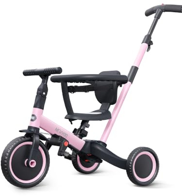 newyoo 5 in 1 Laufrad Dreirad, Dreirad ab 1-3 Jahr, Kinderdreirad mit schubstange, Kinderfahrrad, Laufräder Lauffahrrad inkl. Lenkstange, Sicherheitsbüge, TR008, Rosa