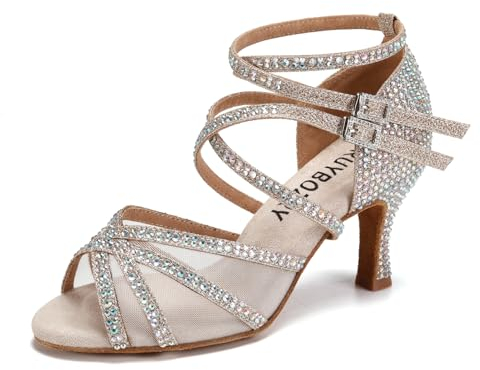 RUYBOZRY Damen Latein Tanzschuhe Strass Salsa Glitzer Bachata Schuhe Damen Hochzeit Tanzende Schuhe,YCL508-Gold-7.5,EU 38