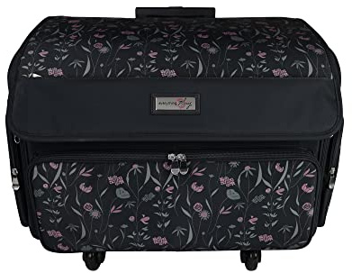 Everything Mary 4 Wheel Collapsible Deluxe Sewing Machine Storage Case, Pink & Grey Floral - Rolling Trolley Carrying Bag Compatible with Brother, Singer, and Most Machines