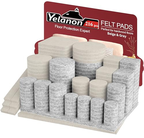 Yelanon 216Pcs Felt Furniture Pads - Chair&Sofa Leg Floor Protectors MIX | Self-Adhesive Felt Pads for Furniture Feet, Cuttable Floor Protectors to Guard Hardwood Floors from Scratches Beige & Gray