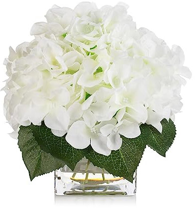 ENOVA FLORAL Silk Hortensie Künstliche Blumen in Vase mit Kunstwasser, Seidenblumenarrangements in Vase für Wohnkultur, Hochzeitstisch (Creme)