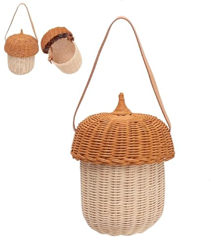 Tissting Schulter Crossbody Korbtasche 25cm Eichel Korbtasche Kleine Handgefertigter Rattan Aufbewahrungskorb mit Deckel, Wandbehang Deko Gewebte Korb Tasche für Kinder