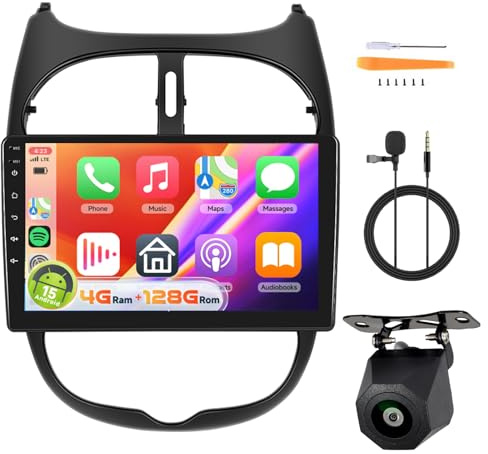 【4+128G】 Hodozzy Carplay Radio Coche para Peugeot 206/206cc/Citroen C2 2002-2010, Pantalla In-Cell de 9 Pulgadas con Bluetooth 5.0/Android Auto/DSP/Mirror Link/RDS/FM/USB,Cámara de Marcha Atrás