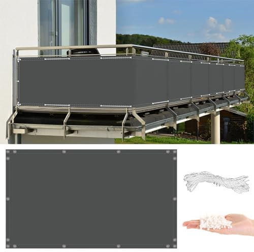 Sichtschutz Balkon Creme Farben 80x450cm, Meterware, UV- und Wetterbeständig, inkl. Nylonkordel Befestigungsmaterial - Balkonverkleidung für die Seite Garten Balkon Zaun Terrassen