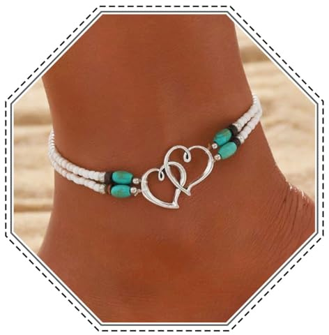 Jovono Boho-Fußkettchen in Herzform, mehrlagiges Türkis, Armband, Perlen, verstellbares Fußkettchen-Set für Damen und Mädchen (C)