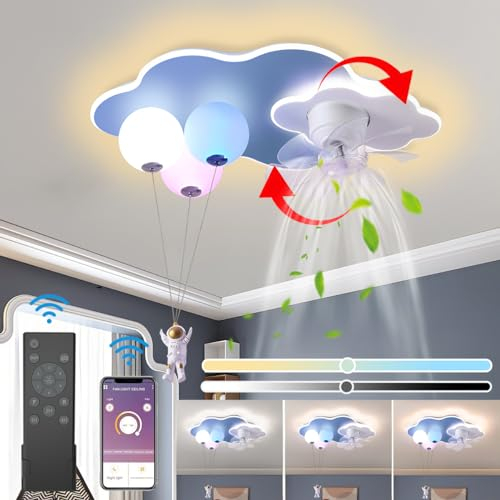 KZT LED Kinderzimmer Deckenlampe Lampe Mit Ventilator Leise Deckenventilator Mit Licht und Fernbedienung APP Dimmbare Kreativer Astronaut Deckenleuchte für Jungen Mädchen Zimmer Fan Lampe, 45W