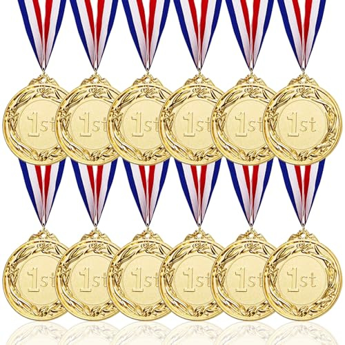 Omevett 12 Pcs Gold Medals for Children Sports Day Medals 2 inch Metal Medals for Kids Adults Winner Medal with Ribbon 1st Medals Award for Competition Party Gymnastic Medal