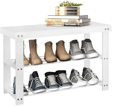 Holdfiturn Shoe Rack, 3 Tier Bamboo Shoe Bench Shoe Racks Storage Stand Shelf Organizer with Seat, 8 Pair of Shoes Rack for Corridor,Living Room, Bathroom, Bedroom or Hallway（White ）