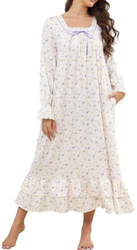 YARISNEY Women's Long Nightgown Cotton Long Sleeve Sleepwear Victorian Princess Nightdress with Pockets S-3XL