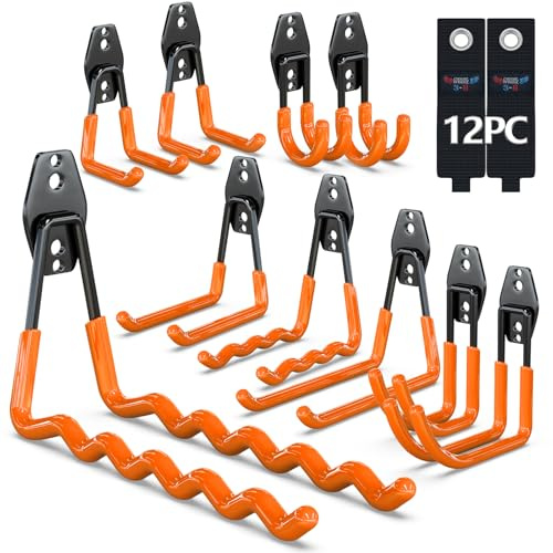 3-H Heavy Duty Garage Hooks 12 Pack, Utility All-Steel Storage Hooks with Anti-Slip Coating, Wall Mount Hooks for Hanging Ladders, Lawn Mower, Hose, Garden Tools (Orange)