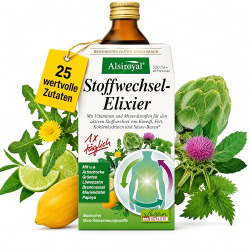 Alsiroyal Stoffwechsel-Elixier · Aktivieren, Entgiften, Befreien · flüssig | Komplex aus 25x Pflanzenstoffe, Vitamine, Mineralstoffe - für Ihren Fett-, Kohlenhydrat-, Energie- und Eiweiß-Stoffwechsel