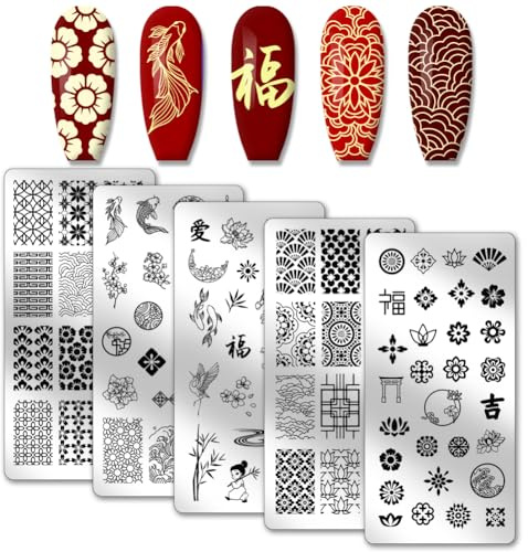 PH PandaHall 5pcs Traditionelle chinesische Stil Nagel Stamping Plates, Lucky Words Panda Flower Nail Stamper Texture Nail Art Stencils Edelstahl Nagelbildplatten für Nail Art Design Maniküre Salon