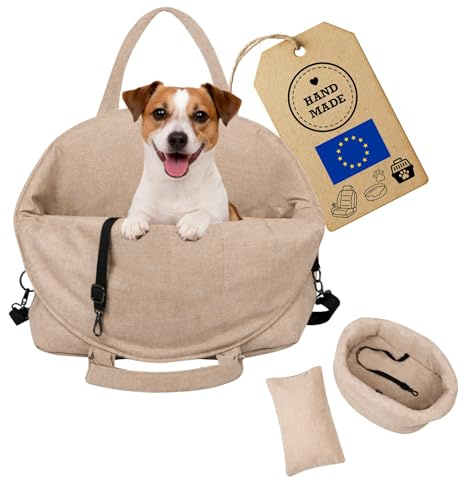 Petsen 3in1 Hundetasche & Transportbox – Autositz, Reisebett & Tragetasche für kleine Hunde & Katzen – Handgefertigt in der EU – Waschbar mit Kissen (Beige)