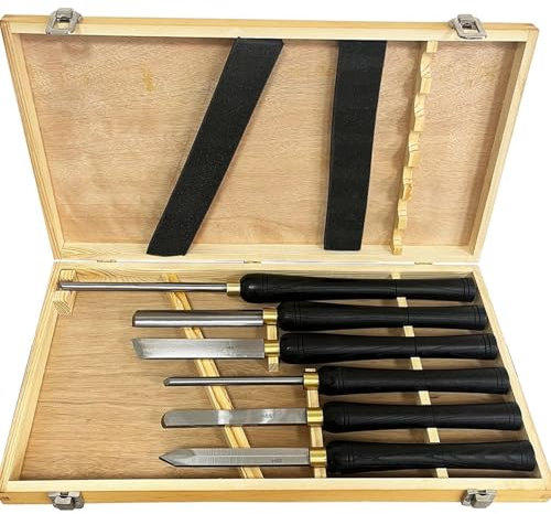 Ensemble de 6 ciseaux à bois for le travail du bois, ciseau de tour en acier rapide, outils de tournage du bois avec poignée for débutants, boîte de rangement en bois