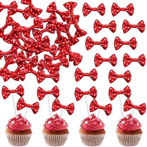 Gyufise 24Pcs Bow Dots Mouse Cupcake Toppers Baby Shower Bowknot Cupcake Toppers Birthday Party Bow Dots Cupcake Toppers Cake Decorations Supplies Red