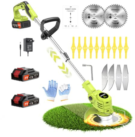Wrneaoch Desbrozadora Bateria 21V Desbrozadora Electrica Retráctil Cortacésped con 6 000 RPM y Motor de 650 W, con 2 Baterías de 2,0 Ah, El Compañero Jardín y el Cuidado del Césped